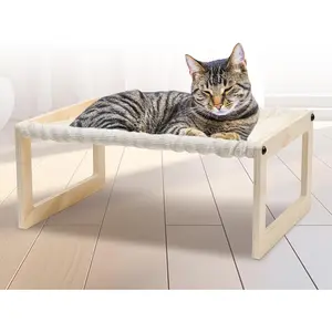 Cat Bed with Washable Pad - 9.5" Elevated Wooden Cat Hammock Bed, 360° View Design, Cot with Breathable Summer Mattress for Kitty, Puppy, Rabbit and All Pets