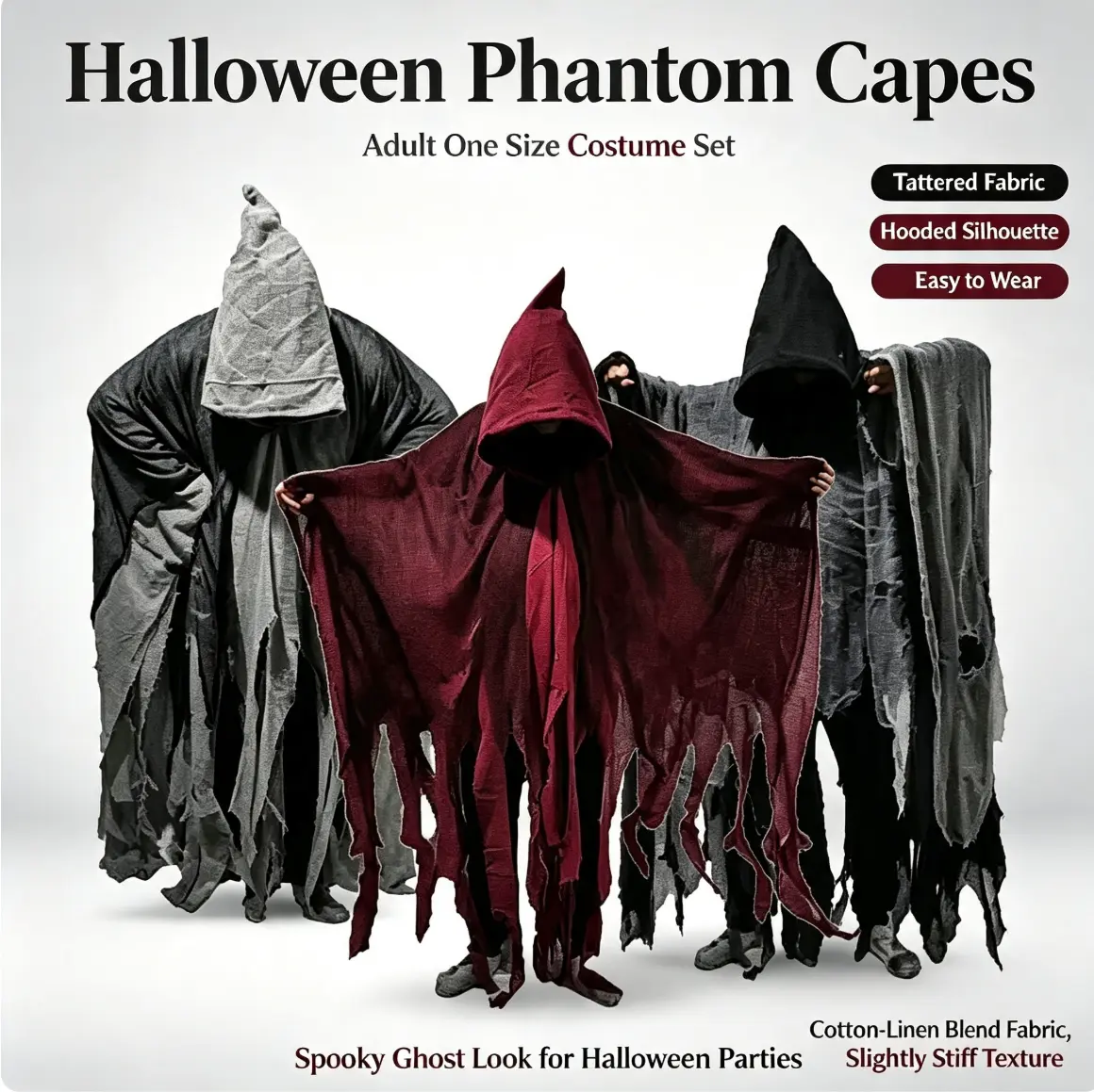 Men's Scary Ghost Costume - Tattered Hooded Cloak, Creepy Ripped Wraith Robe for Halloween Party, Haunted House Cosplay Dress-Up