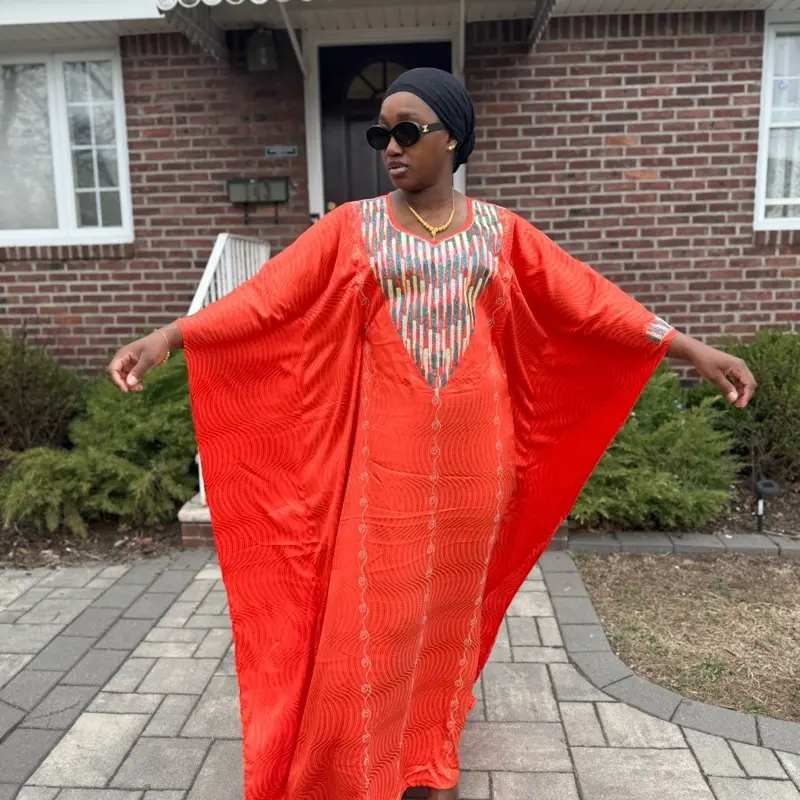 Luxe Satin Abaya - Orange / Green Stones