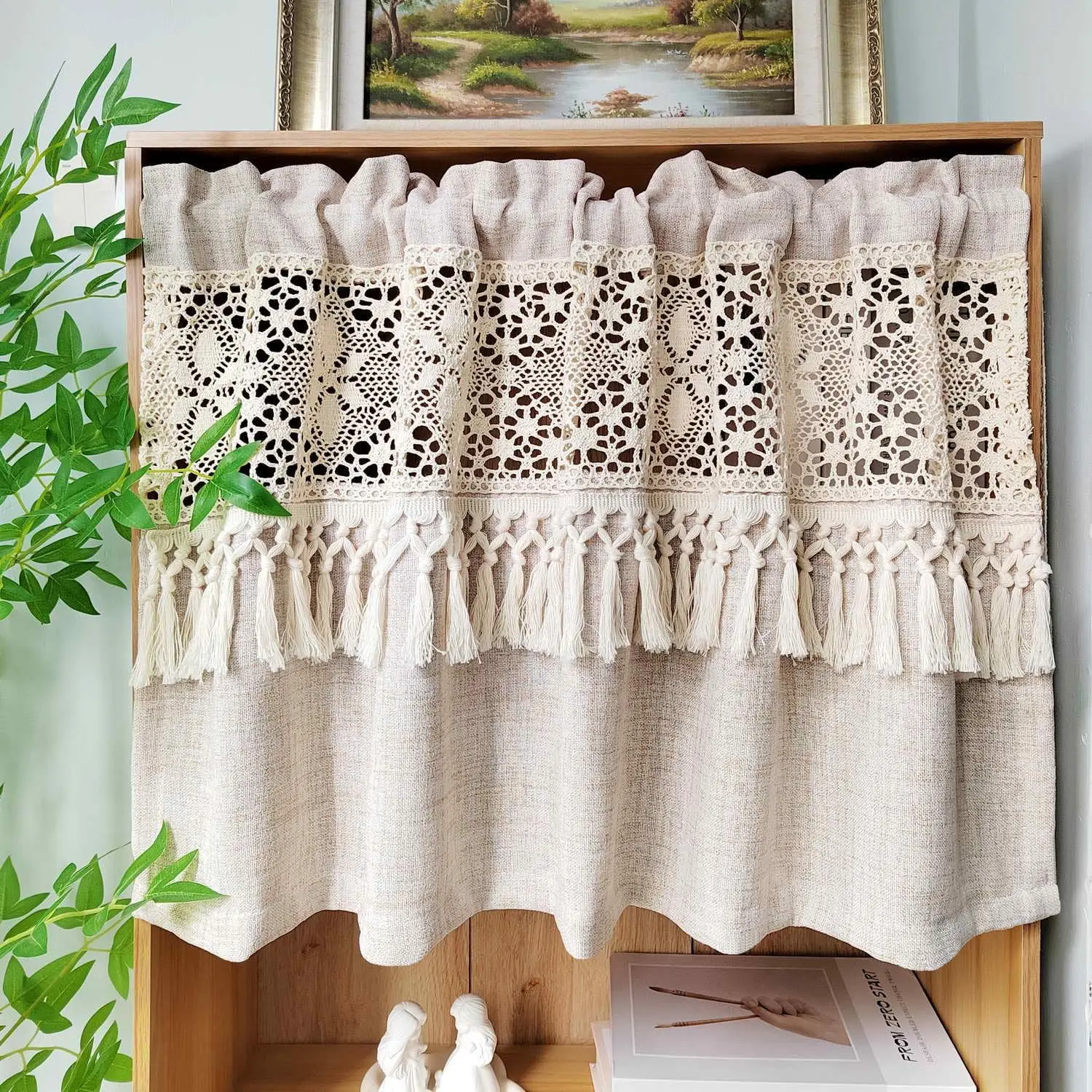 Boho Valances Tassel Kitchen Curtains Rod Pocket 1PC W59 x L35 | Linen Beige Bathroom Curtain Tier Farmhouse Crochet Valance for Living Room Bedroom Short Curtain Light Filtering