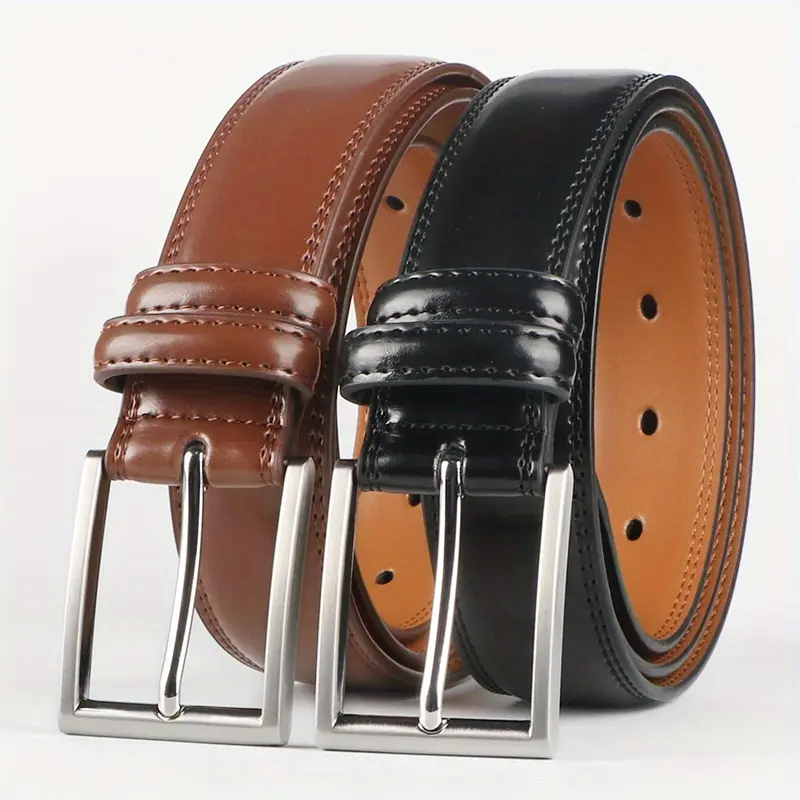 Men’s 2-Pack Real Leather Classic Casual Dress Belt with Leisure Buckle - 32 inches to 34 inches/105cm, Versatile for Casual-Business Styles, Ideal 2025 Father’s Day Gift for Dad