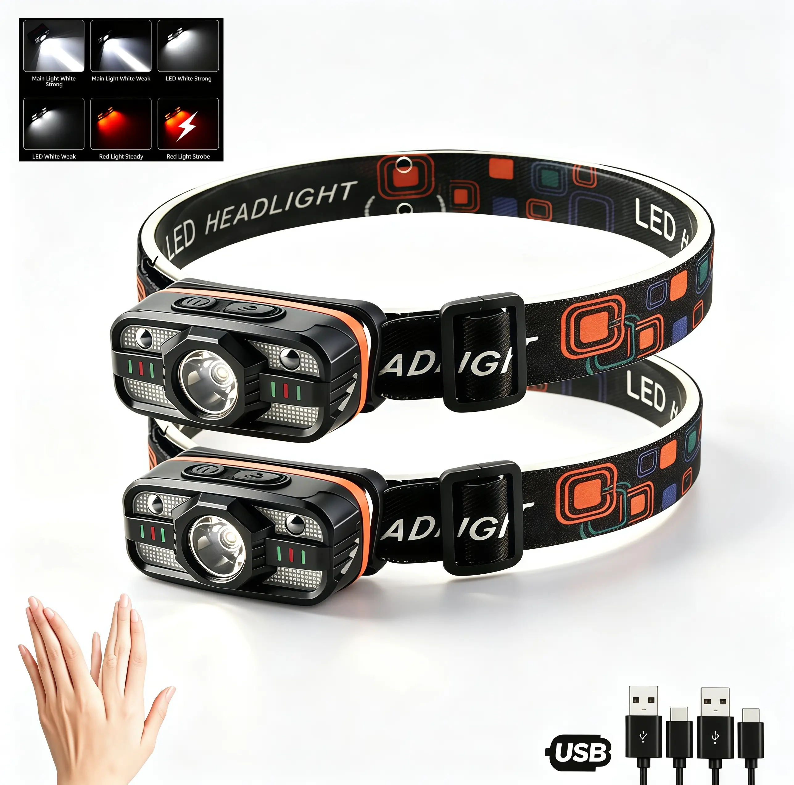 Buy 1 Get 1 Free Lightweight Dual-Beam LED Headlamp, USB Rechargeable, 6 Light Modes With Motion Sensor, Long Runtime Head Light for Camping Hiking Climbing Emergency Night Lighting