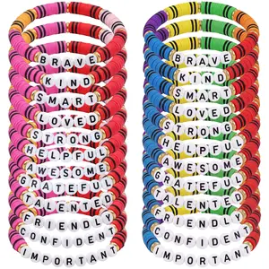 24Pcs Back to School Bracelets Bulk Inspitational Bracelet Gifts for Pre-K Kindergarten Elementary High School Students Classmates Friends First Day of School Motivational Clay Beaded Bracelets Charm Jewelry for Classroom Reward Party Goodie Bag Stuffers
