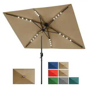 Garvee Rectangular Solar Umbrella 10x6.5 ft with Lights, Crank Handle and Tilt Button, Durable 6-Rib Market Table Umbrella for Outdoor Use
