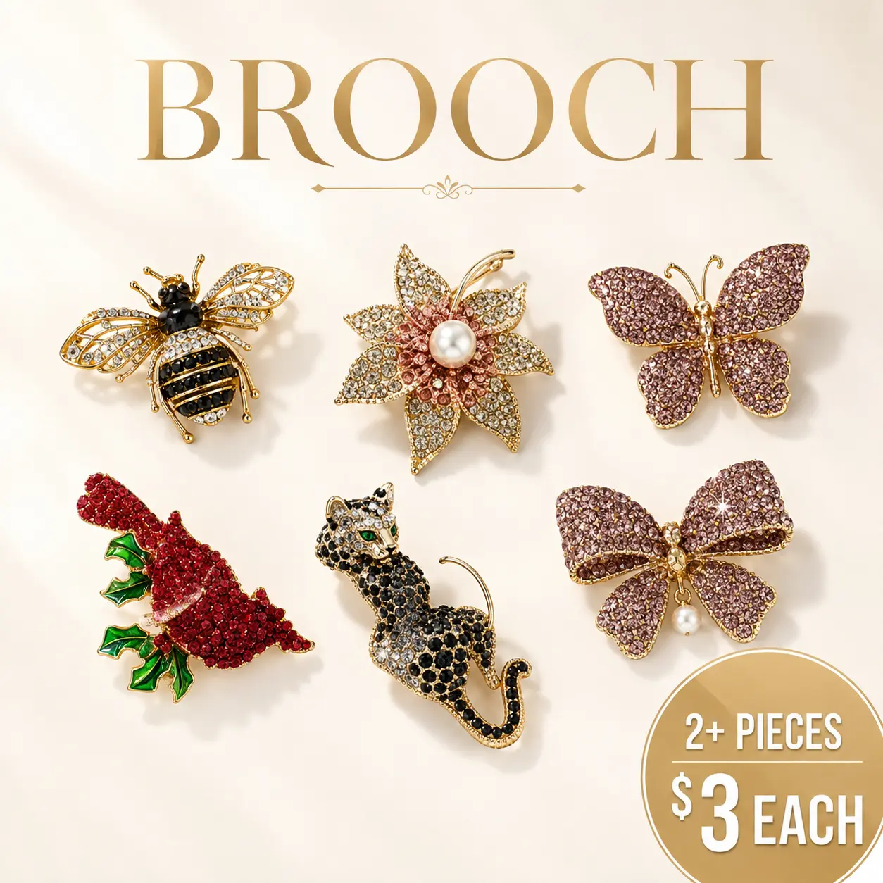Fashion Gemstone Brooches - Pins with Multiple Styles - 2+ Pieces, $3 Each