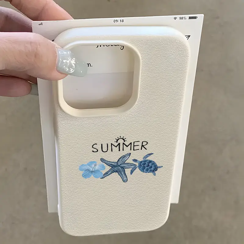 White lychee texture, summer floral, starfish, and sea turtle print pattern, suitable for iPhone 17/16/15/14/13/12/11/X/XS/XSMAX - thickened full-edge shockproof soft case, a holiday gift for friends, family, and yourself, Cover, Accessories, Smartphone,,