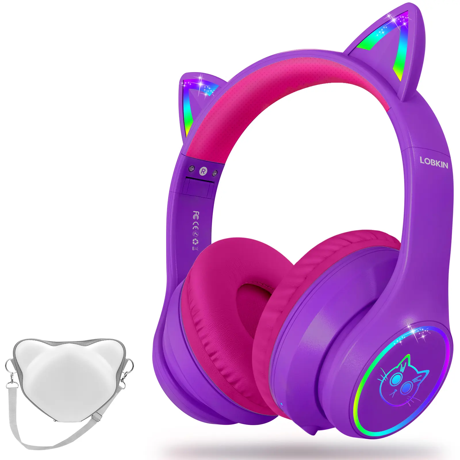 LOBKIN Bluetooth 5.4 Kids Headphones with Case - RGB LED Light Up Cat Ears Foldable Adjustable Over Ear Headphone Support Wireless or 3.5mm Wired Mode for Boys Girls Toddler & Teens