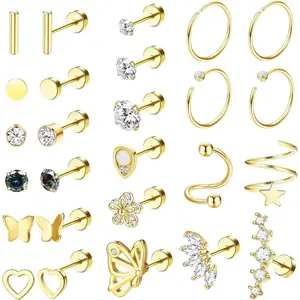 Jstyle 26Pcs Surgical Steel Flat Back Earrings for Women Multipack Cartilage Earring Studs Hoops CZ Heart Butterfly Helix Piercing Jewelry Flat Back Design 16G-20G Daily