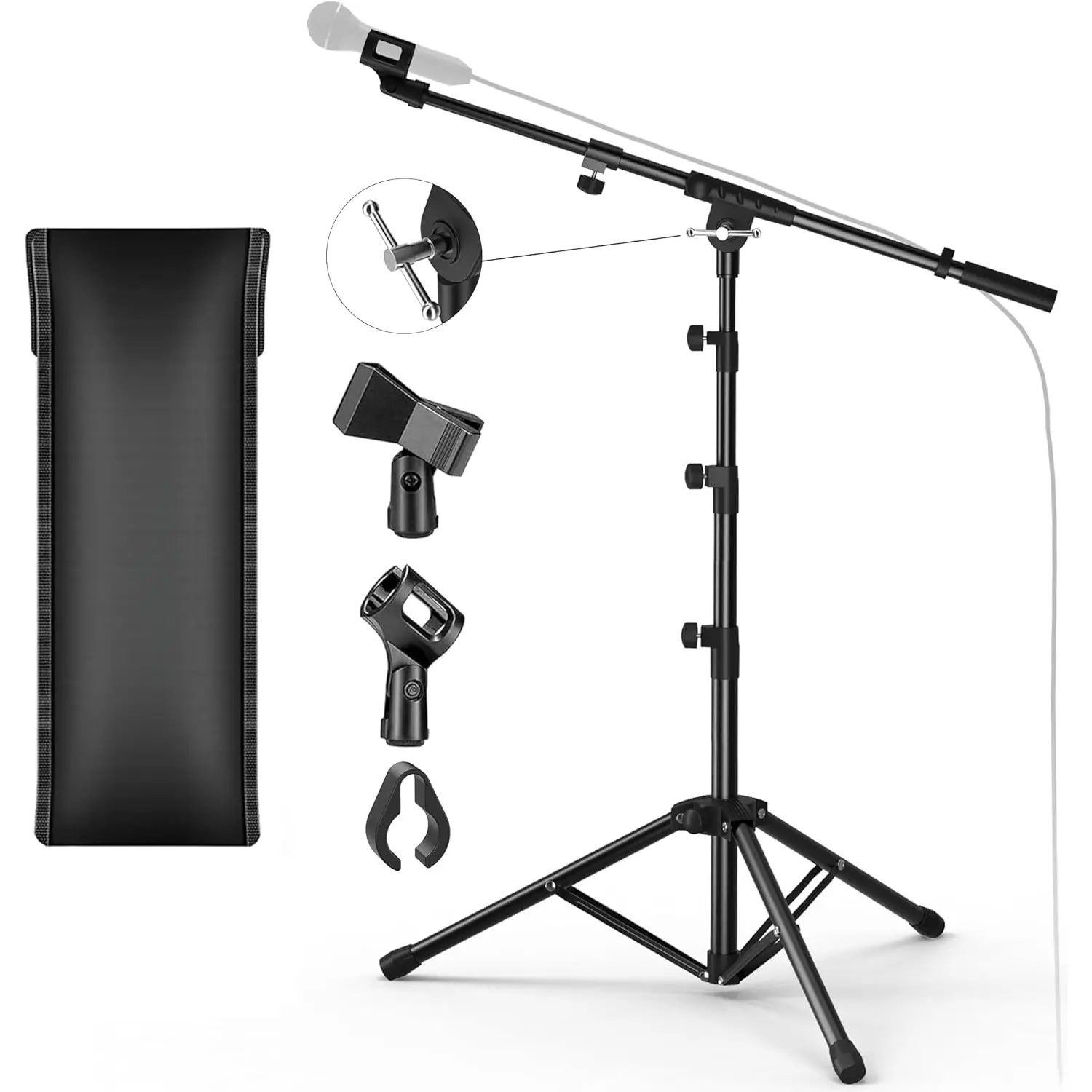 Microphone Stand, Floor Foldable Mic Stand with Phone Clip,Heavy Duty Tripod Boom Arm with 2 Mic Clips and Carrying Bag for Singing Karaoke Stage