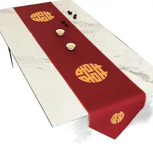 Red Wedding Table Runner with Happiness Characters Engagement Celebration Tablecloth