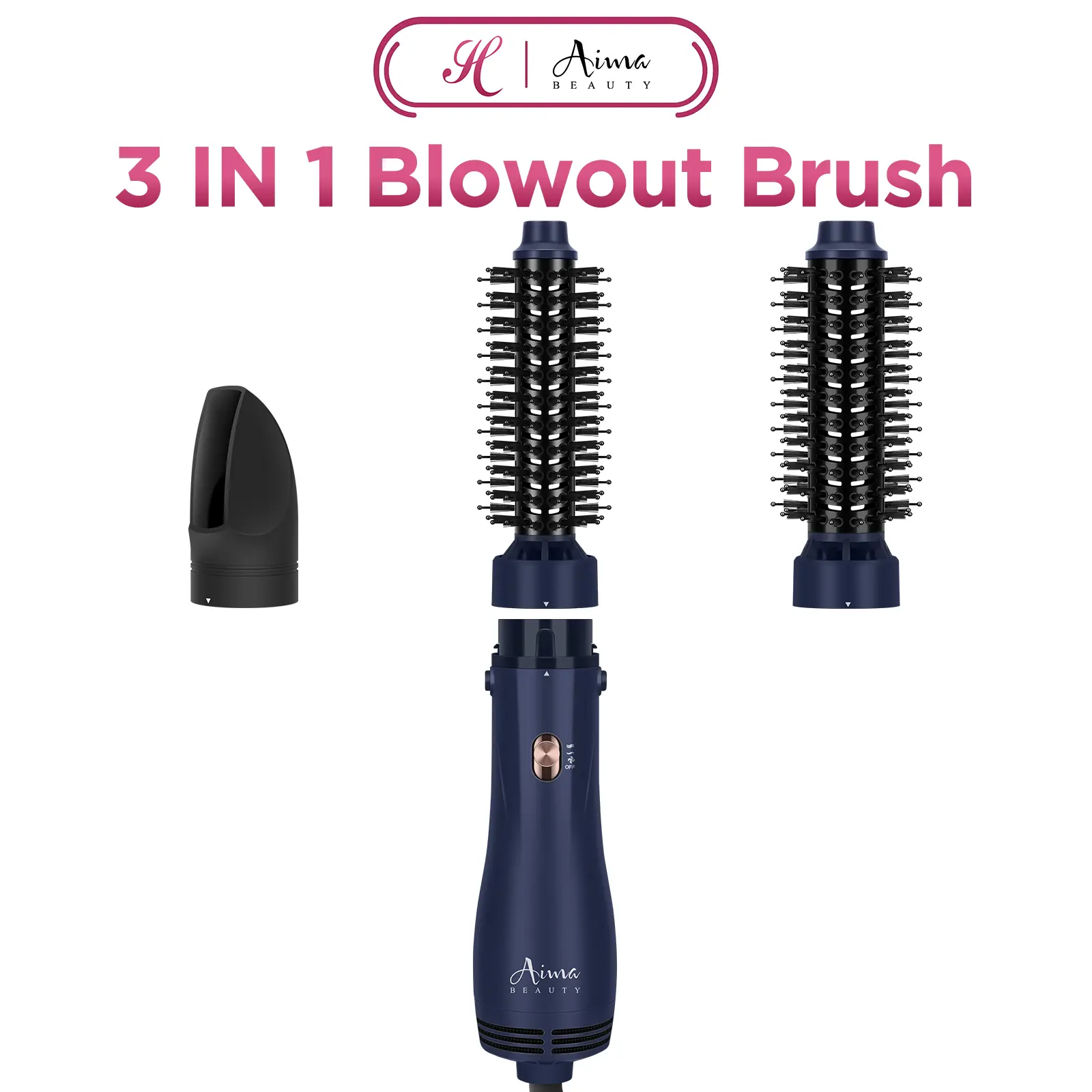 Aima Beauty 3 In 1 Lightweight Salon Hot Air Styler - PRO Ceramic Barrel Blow Dryer Brush Set (2 Interchangeable Brushes + Base, 3 Pieces), 1” & 1.25” Round Barrels, Ionic Frizz Control, Curling Iron & Straightener for Short-Medium Hair, US Plug