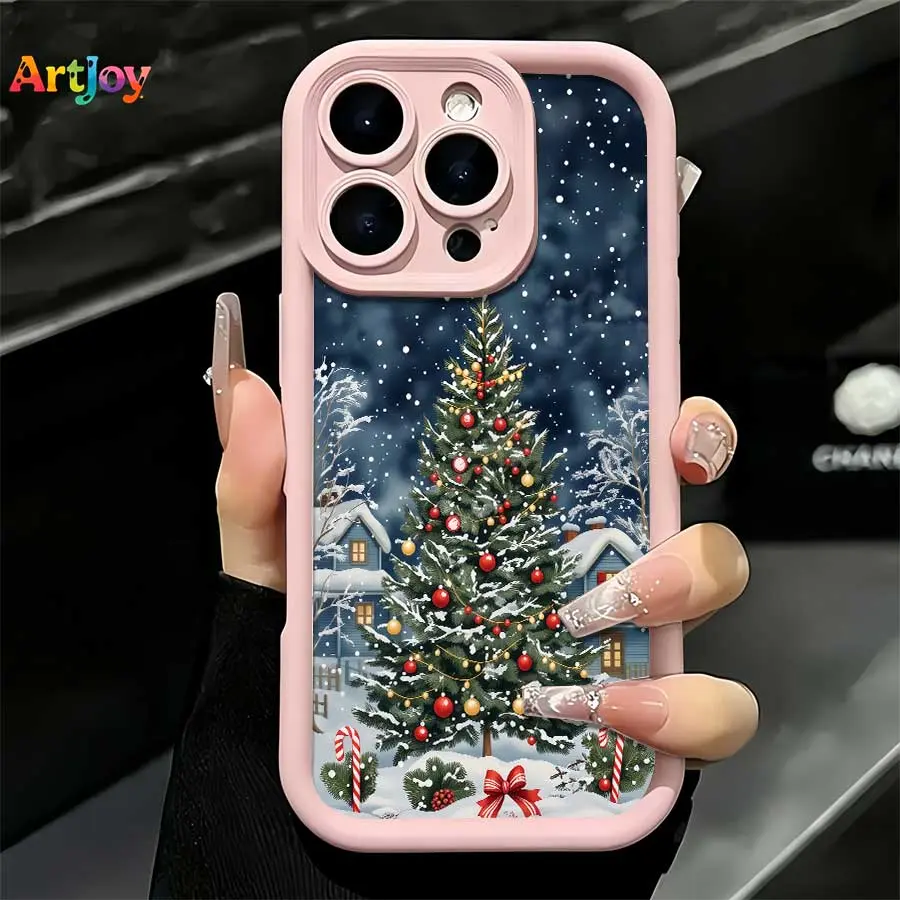 Shockproof Phone Case, Festive Christmas Winter Trendy Eye-catching Protective Case With Illustration Of Decorated Christmas Tree, Snowy Cabin & Candy Canes, Pink Frame, for iPhone 17 Pro Max, 16, 16 Plus, 15, 14, 13, 12 – Ideal Birthday, Holiday Gift