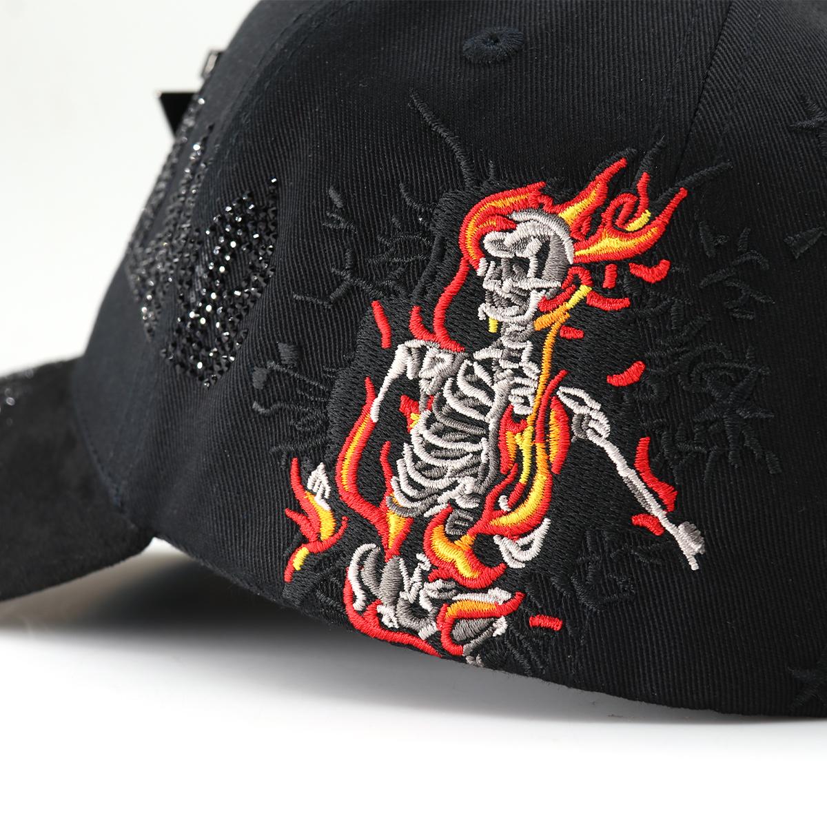 Flaming Skeleton Rhinestone Streetwear Snapback Hat - Black Embroidered Hip Hop Baseball Cap, Unisex Adjustable Urban Street Style Headwear