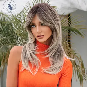 INSTYLE 24 Inch Ombre Gray to Black Natural Layered Wigs Middle Part  Fashion Wig  Synthetic Charming Hair for Women Daily Wear and Party Use
