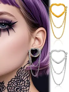 vanku 2pcs Women's 316L Stainless Steel Heart Chain Ear Gauges, Tunnels Plugs & Piercing Jewelry Expanders, Heart Shape Earrings, Elegant Design for Stylish Look