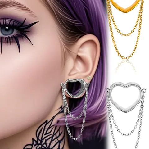 vanku 2pcs Women's 316L Stainless Steel Heart Chain Ear Gauges, Tunnels Plugs & Piercing Jewelry Expanders, Heart Shape Earrings, Elegant Design for Stylish Look