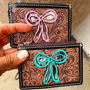 Cowboy Hat | Coquette Bow - Brown Leather - Cowhide Keychain Wallet - 5 Credit Card Slots, Zip Closure Pocket for Cash & Coins, Genuine Cowhide