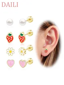 4 Pairs Hypoallergenic Earrings for Women, Cute Screw Back Earrings for Women,Lightweight Surgical Steel Cute Pearl Flower Pink Heart Strawberry CZ Flat Back Stud Earring for Sensitive Ears