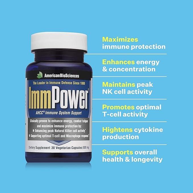 American BioSciences ImmPower AHCC Supplement Vegetarian Capsules 500mg 30 Count for Enhanced Immune Support Natural Killer Cell Activity & Cytokine Production