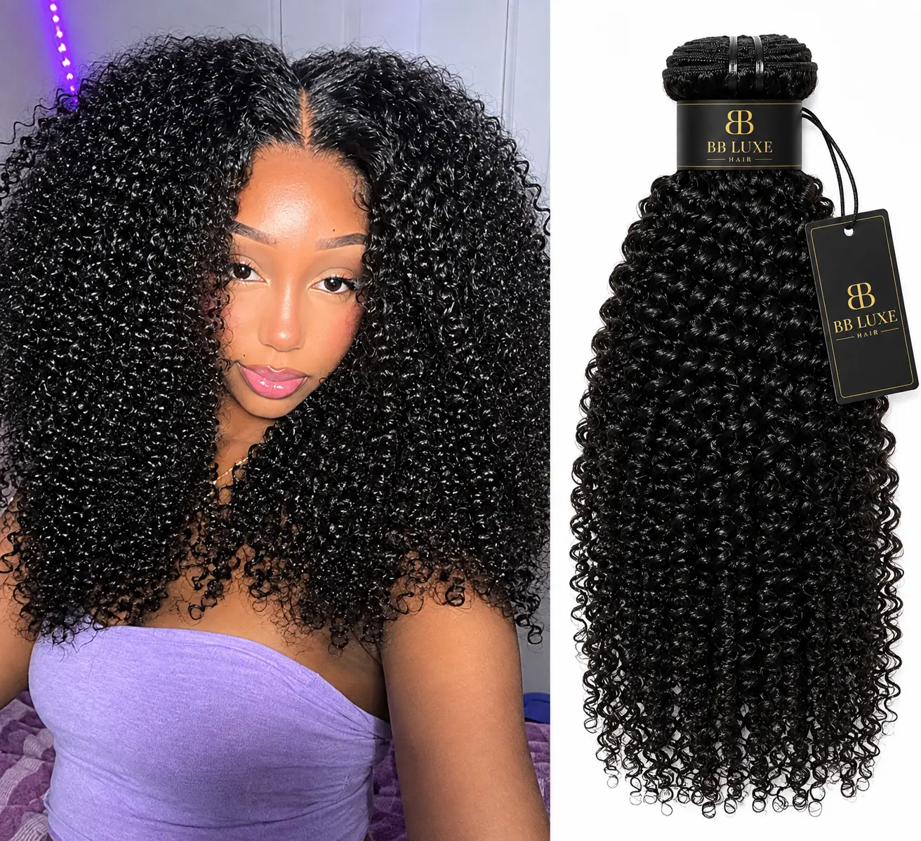 BB LUXE 15A Unisex Raw Kinky Curly Virgin Hair Single Bundle, 100% Unprocessed Volumizing Human Hair Extensions & Pieces, Natural Black 1B, 100g Low Shedding Machine-Double Weft, Sew In/Quick Weave, 10-30 Inch