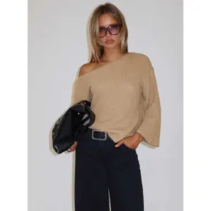 Delyn Off Shoulder Slouchy Knit Sweater Camel