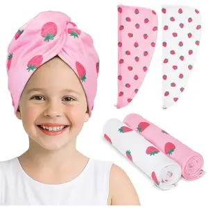 Microfiber Hair Towel for Kids 2Pack Absorbent Hair Drying Towel Wrap Hair Turbans for Curly Thick Hair, Pink White Strawberry