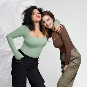 PUMIEY Women's Square Neck Long Sleeve T Shirts Slim Fit Tops Basic Tee Fabric Womenswear Comfort Streetwear Cloud Light Minimalist Skinny Longsleeves Lady Smoke Tshirt Casual Comfy Stretchy Jet Black TikTokShopHolidayHaul