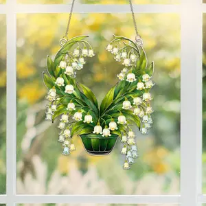 Stained Glass Lily of the Valley Acrylic Suncatcher, Hanging Basket Window Art, Floral Home Decor, Botanical Sun Catcher, Aesthetic Window Hanging, Unique Gift for Her,