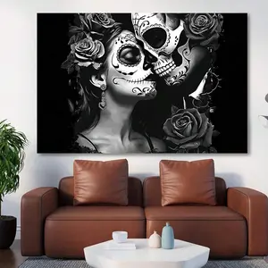 Day Of The Dead Couple Canvas Wall Art Black And White Sugar Skull Artwork Romantic Floral Decor For Living Room Bedroom Halloween Home Accent