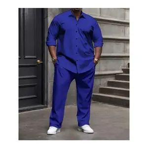 Men’s Retro Plus Size Casual Outfit Set – Solid Color, Long-Sleeve Button-Up Shirt & Pants with Pockets, Stretch Fabric, Machine Washable, PLUS SIZE