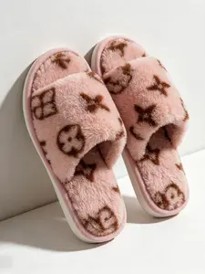 Cozy Cartoon Print Plush Slippers, Soft Rabbit Fur-Like Upper, Thick Plush Lining, Non-Slip Shock Absorbing Sole, Warm Indoor Shoes