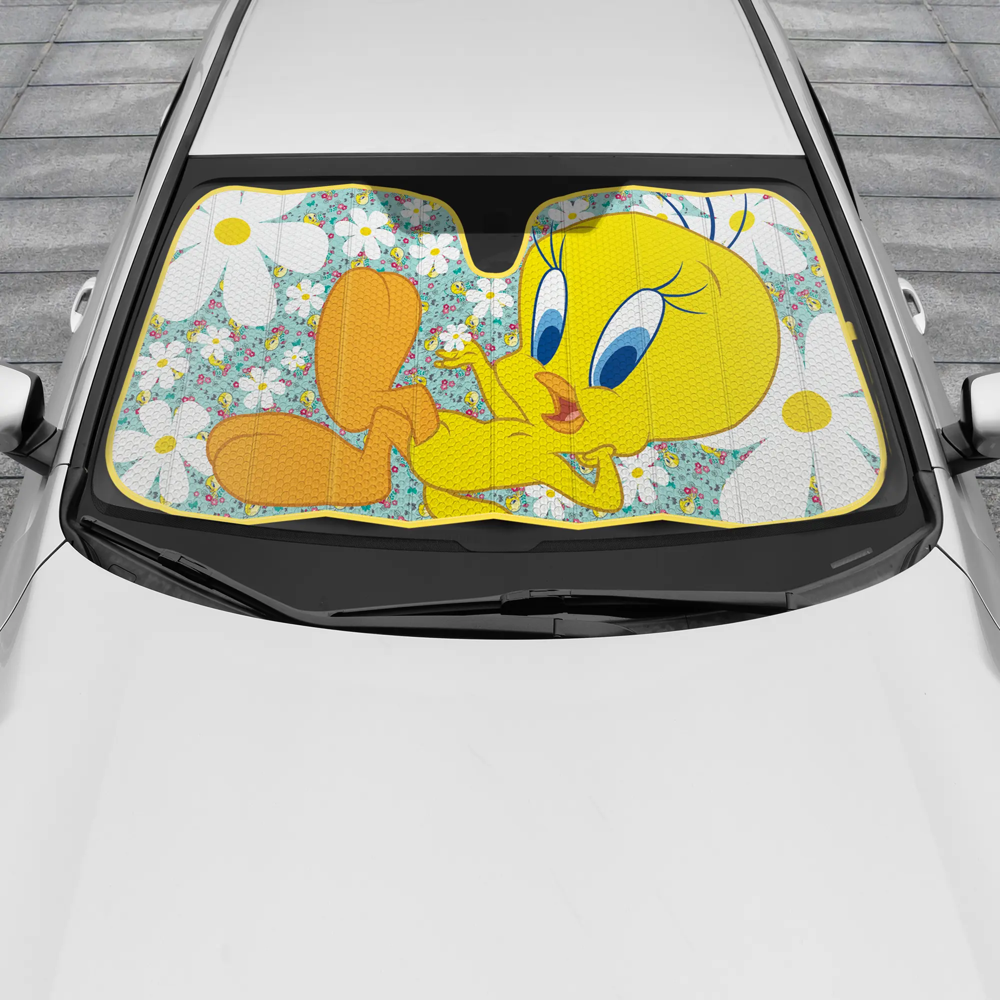 Warner Bros Looney Tunes Sunshade for Front Windshields - Tweety Bird & Daisy Flowers, Accordion Auto Shade Universal Fit for Cars, 57x27 Inches
