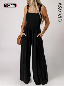 Women's Plain Backless Shirred Wide Leg Cami Jumpsuit, Casual Pocket Square Neck Overall Jumpsuit, Ladies Clothes for Daily Wear