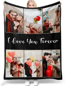 Custom Blanket with Photo Text, Personalized Flannel Throw Blankets, Custom Blanket with Picture for Baby Adult Family and Friends, Personalized Christmas Birthday Gifts (6 Photo+Text)