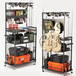 Man's Love SOYEEZE Fishing Rod Holders for Garage,Fishing Gear Holder for Fishing Rod Tackle Box Storage，Fishing Pole Holders for 12 Rods with Hooks and Pegboard,Fishing Cart with Reel Rack