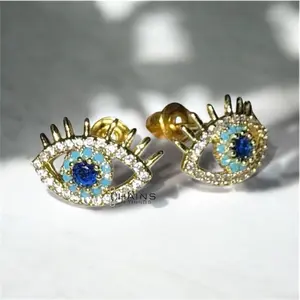 Evil Eye Earrings: Gold Plated Shiny Cubic Zirconia, Turkish Style Protection Blue Eyes with Lashes Jewelry Women Men Gift