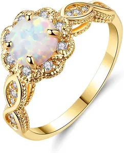 18K Gold Plated Opal Ring-White Fire Opal & Amethyst & Cubic Zirconia Women Jewelry Gemstone Engagement Anniversary Ring Size 5-13