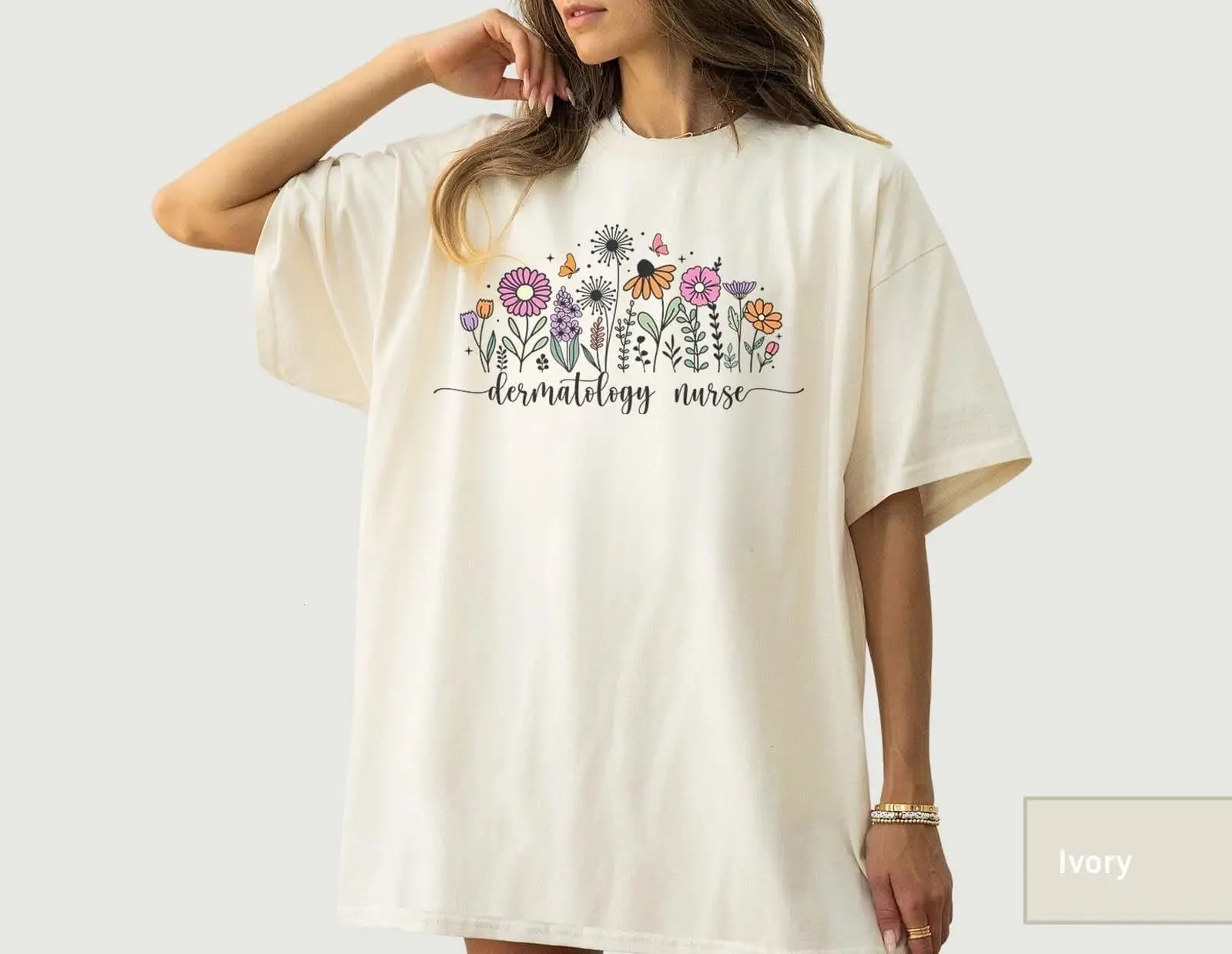 Dermatology Nurse Floral T-Shirt - Pretty Nurse Sweatshirt Gift, Comfort Color Flower Appreciation Clothing