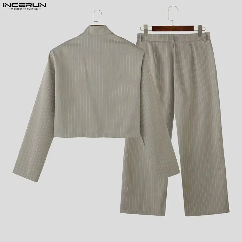 INCERUN Men's Pinstripe 2-Piece Set Cropped Blazer & High Waist Wide Leg Pants Suit