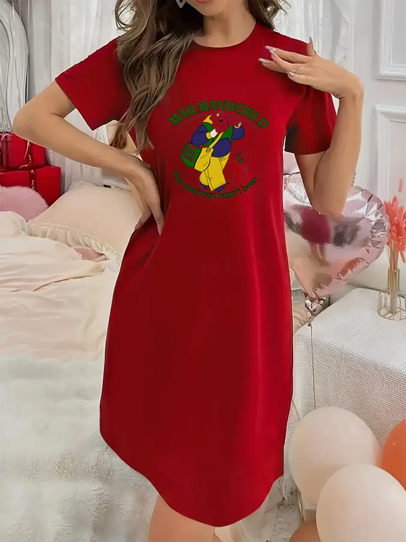 Soft and Slightly Stretchy Women's Nightgown Christmas Attire Santa Claus the Mailman Pattern Short-Sleeve Crew Neck Nightdress Sexy, Elegant, and Youthful Women's Christmas Dress Perfect for Halloween, Christmas, and New Year's Gifts