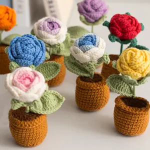 Handmade Crochet Rose Flower, Handmade Knitted Rose, 1 Count Mini Knitting Potted Plant, Creative Gift for Mom & Dad, Home Decoration, Decorative Desk Plant, Car Decoration, Holiday Gift, Handcraft, Chunky Yarn
