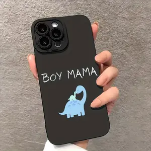 Cute Dinosaur Boy and Mama Aesthetic Phone Case for iPhone 16 15 14 13 12 11 Pro Max Plus Black Shockproof Cover Phone Case Mothers Day Gifts for Mom Wife Pregnancy Daughter Protection Cellphone