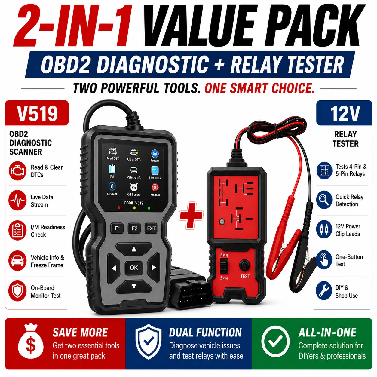 Car Diagnostic Scanner and Relay Testing Kit, V519 OBD2 Code Reader with DTC Library, Live Data, Voltage Check and 12V Clip Lead Relay Tester