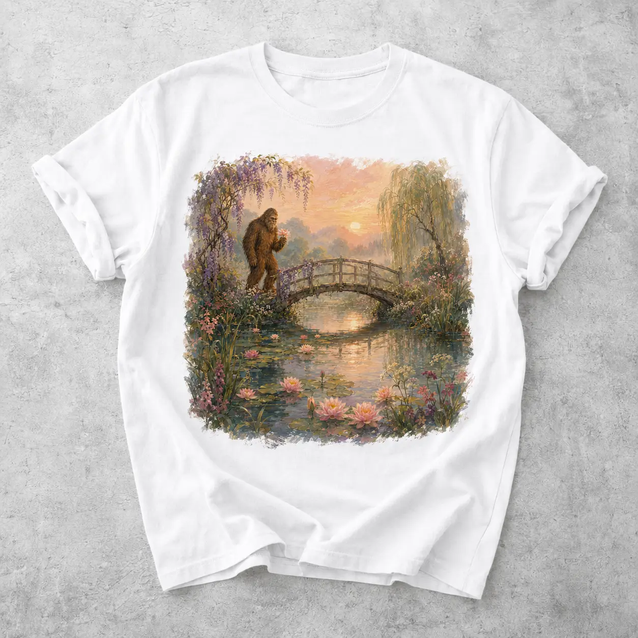 Dreamy Bigfoot Water Lily Garden Graphic T-Shirt for Women, Vintage Floral Sasquatch Sunset Pond Tee, Cottagecore Nature Short Sleeve Top