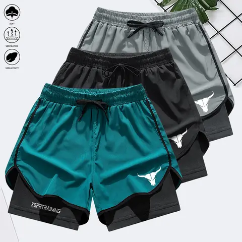 Men's Fitted 2-in-1 Athletic Gym Shorts - Lightweight Quick-Dry Synthetic Fabric, Elastic Waist, Double-Layer Liner, Built-In Pockets, Activewear for Workout, Outdoor Fitness (Size M), Quick‑Dry Fabric
