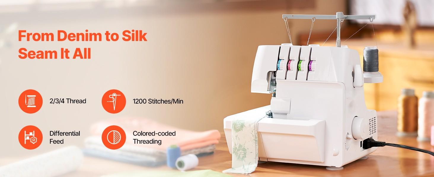 Serger Overlock Sewing Machine, 1250 Stitches Per Minute, 2-3-4 Thread Capability, 0.7-2.0 Adjustable Differential Feed, Free Arm, LED Light, Quiet Operation, Suitable For Knit, Woven, And Stretch Fabrics, White