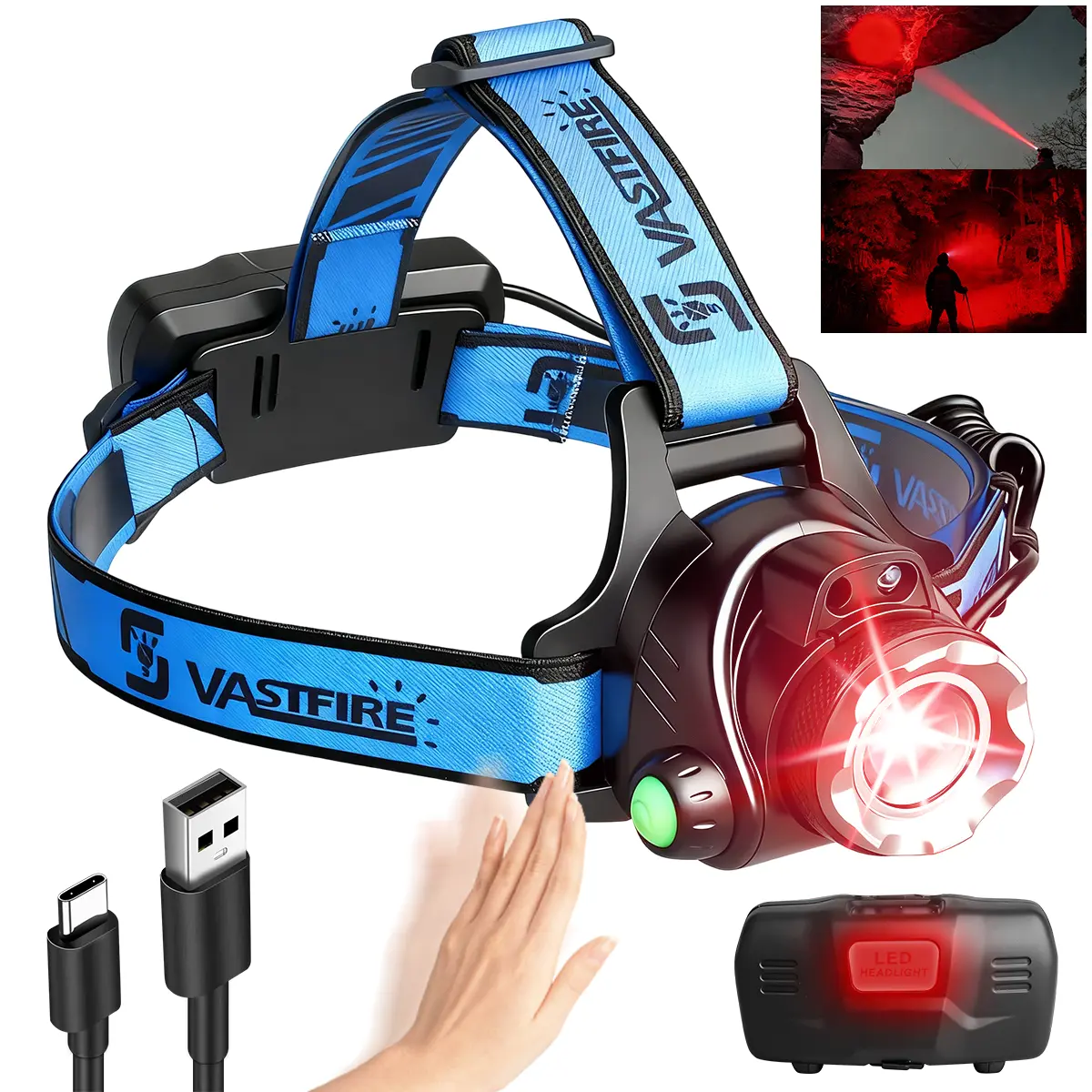 Rechargeable Headlamp, Detachable ABS Plastic LED Spotlight with Motion Sensor, Waterproof with Adjustable Headband and 4 Light Colors for Hiking & Hunting, Rechargeable Led Spotlight, Button Switch