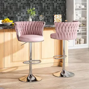 Bar Stools Set Of 2, Velvet Upholstered Bar Chairs With Black Metal Legs, Backs & Footrest, Counter Height Bar Stools, Modern Bar Chair For Kitchen Island, Dining Room