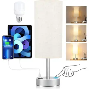 HadinEEon 15.4" Table, 3 Way Dimmable Light Touch Lamp, USB C&A Fast Charging Ports, Fabric Shade Silver Base, for Bedroom, Living Room, Office