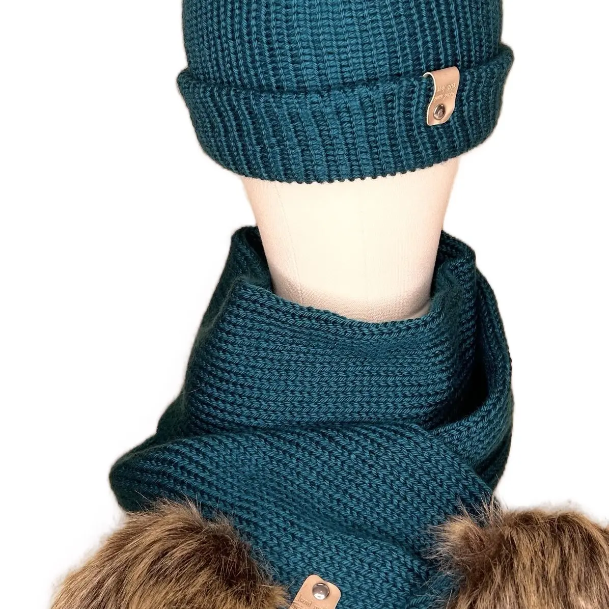 Handmade Faux Fur Pom Hat and Scarf Set for Women